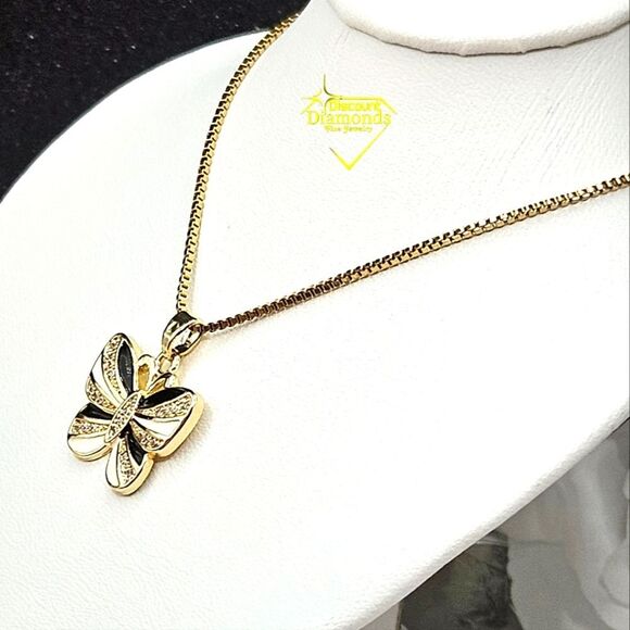 Choker / Necklace 18K Bright Yellow Gold Enamel Butterfly on Titanium - Picture 4 of 4